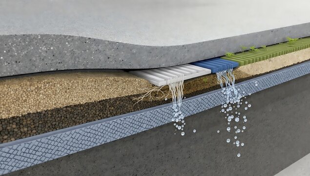 Cross-section diagram of a sustainable urban drainage system. Permeable pavement layers showing water filtration through gravel and soil for eco-friendly city infrastructure and engineering.