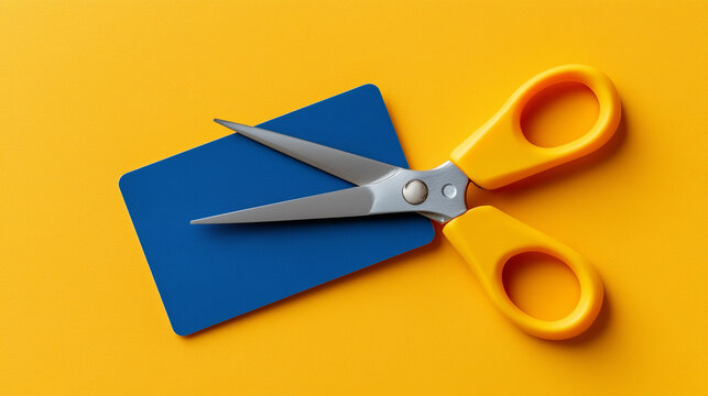 Credit card destruction: Symbolic image of scissors cutting a credit card, set against a vibrant yellow background, symbolizing financial control or debt reduction.