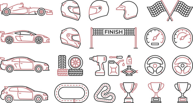 A comprehensive collection of red and black line art icons representing car racing, automotive sports, and motorsport equipment.