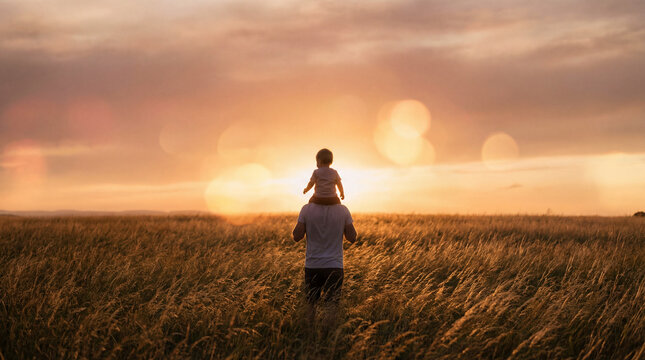 A silhouette of a father carrying his child on his shoulders while standing in a vast wheat field during a golden sunset.