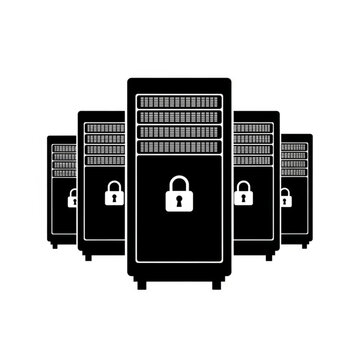 Row of secure server racks with padlock icons for data protection