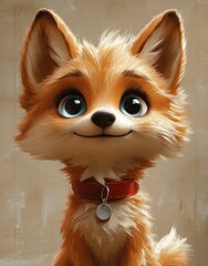 Fototapeta premium fluffy orange fox with upright ears and metal collar tag sitting attentively in warm soft light against a neutral painted background, curious and alert expression