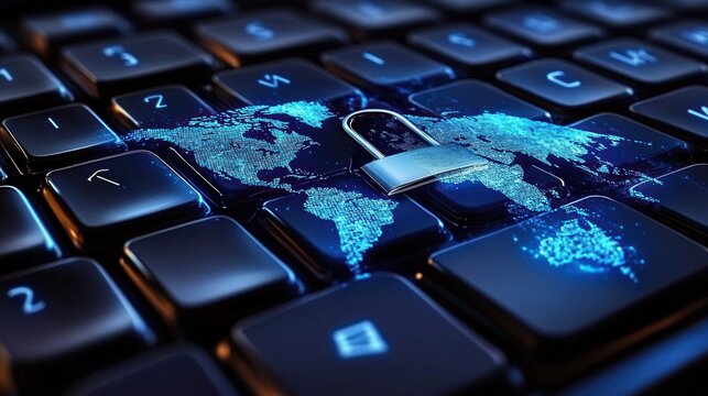 silver padlock resting on a black keyboard with a glowing blue digital world map overlay conveying global cybersecurity and a sense of secure protection