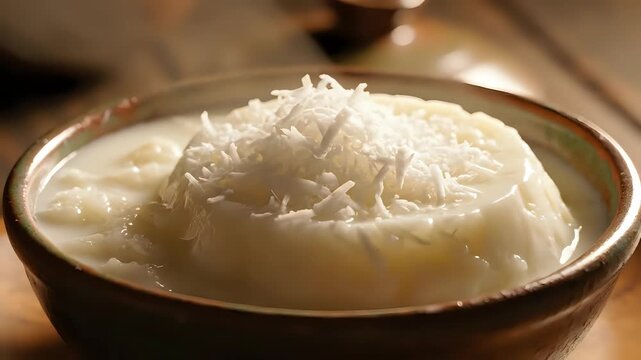 Delicious Rasmalai Dessert in a Bowl with Coconut Topping.