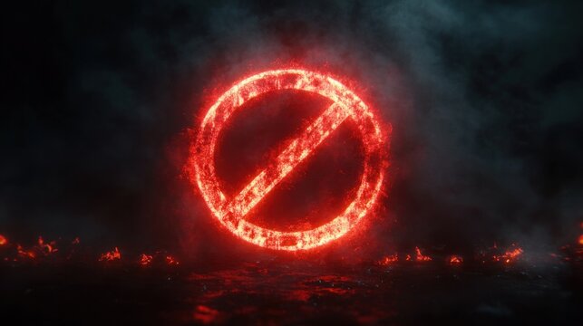 Fiery glowing red prohibition circle with diagonal slash in a smoky dark scene, embers scattered on charred ground, ominous intense warning atmosphere