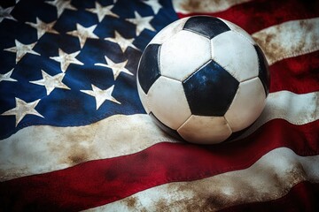 Naklejka premium Worn soccer ball resting on a weathered American flag, evoking patriotic pride, resilience, and determined sporting spirit