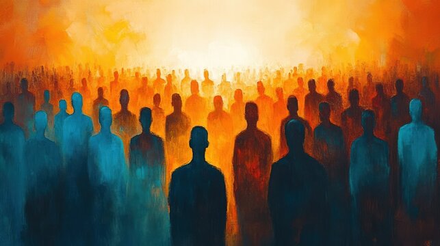 Abstract painting of many backlit shadowy human silhouettes, cool blue figures in foreground and warm orange glow behind, textured brushstrokes evoking solemn contemplation and quiet unity