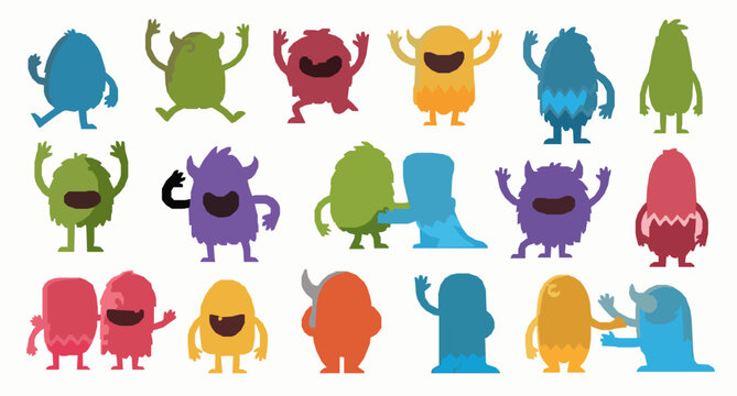 Funny cartoon monsters vector set with expressive colorful characters in dynamic poses for kids posters and magazine illustration