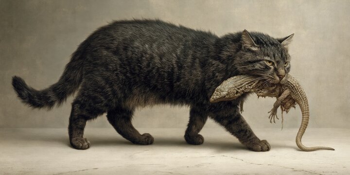 Cat holding its prey - housecat predator hunting a pest