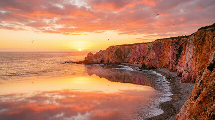 Obraz premium Rugged cliff with vibrant orange and pink hues in a serene sunset scene colorful sky
