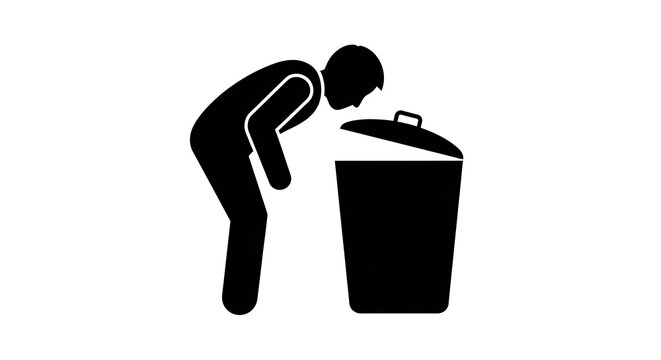 Black silhouette of a man throwing away trash in a bin isolated on white background