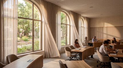 Fototapeta premium Premium Classroom with Window Overlooking Garden Courtyard Gentle Soft Breeze Implied Movement