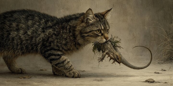 Cat holding its prey - housecat predator hunting a pest