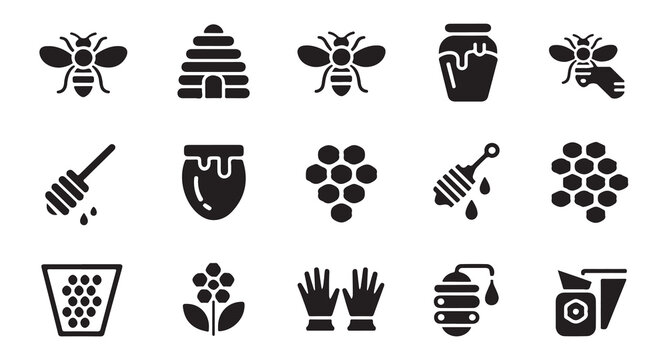 Beekeeping icons collection including bees hives honey jars tools and flowers.