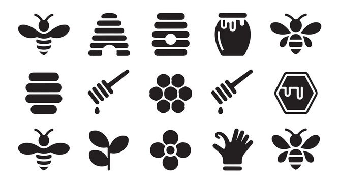 Beekeeping icons set with bees hives honey jars tools and flowers for farming.