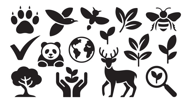 Nature and environment conservation icon set with animals plants and global ecology signs.