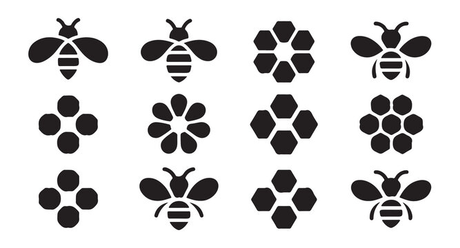 Symmetric bee and honeycomb pattern icons for branding and natural organic product designs.