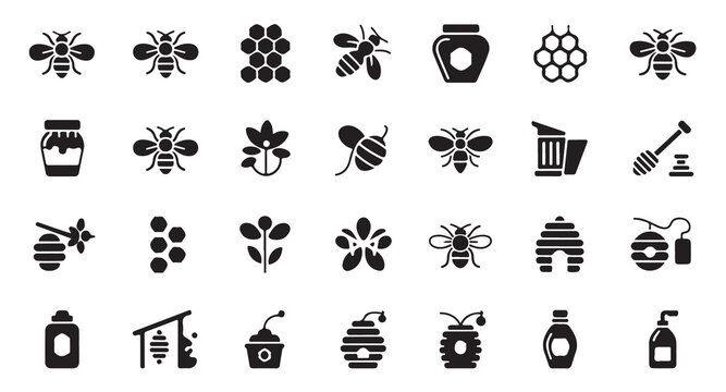 Apiculture brand identity icons including beehives bees honey bottles and flower silhouettes.