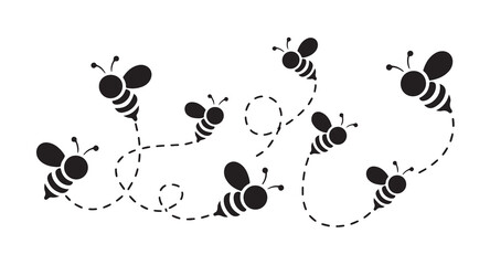 Honey bee flight path illustration with dashed line trails and cartoon bumblebees flying around. © MDIKRAM