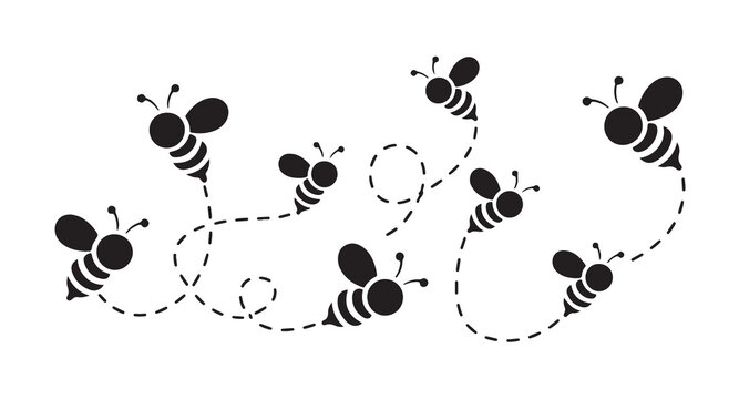 Honey bee flight path illustration with dashed line trails and cartoon bumblebees flying around.