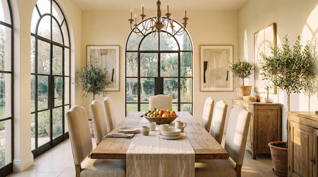 Sunlit Dining Room Large Wooden Table Near Expansive Windows Warm Natural Light Inviting Elegant Home Interior Design