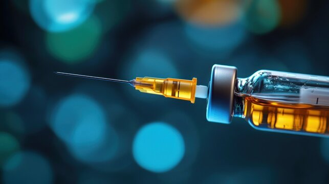 close-up of hypodermic syringe needle accessing a glass vial of amber liquid against soft blue bokeh, clinical and precise mood