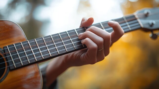 Close-up of a hand pressing chords on a wooden ukulele neck with warm golden autumn bokeh, gentle focused and peaceful mood