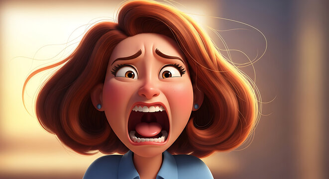 Cartoon woman with shocked facial expression.