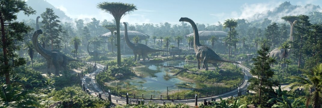 dinosaur zoo - prehistoric wildlife in an amusement park zoo setting