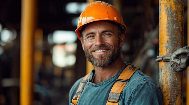 construction worker wearing orange hard hat and safety harness leaning against yellow scaffold pipe inside industrial workshop, serious and determined expression