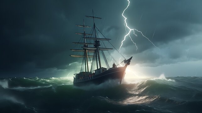 Old sailing ship navigating rough sea during a lightning storm at night