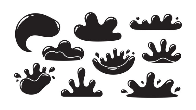 Collection of dynamic black liquid splashes and blobs with abstract background ink blot drop shape paint splatter