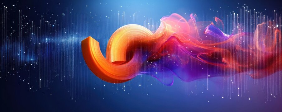 Vibrant orange ribbon morphing into pink and purple flowing smoke over a deep blue digital waveform background with shimmering particles, evoking dynamic motion and futuristic energy