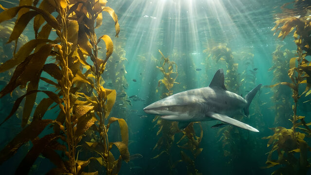 Underwater Encounter: Graceful Shark Amongst Kelp Forest