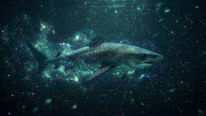 Fototapeta premium Deep Ocean Encounter: Mysterious Shark Glows in Bioluminescent Depths