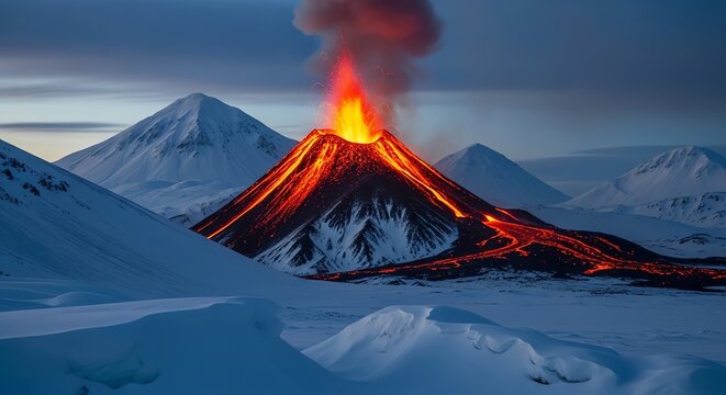 Active volcanic eruption with flowing lava and ash cloud over snow-covered mountains.