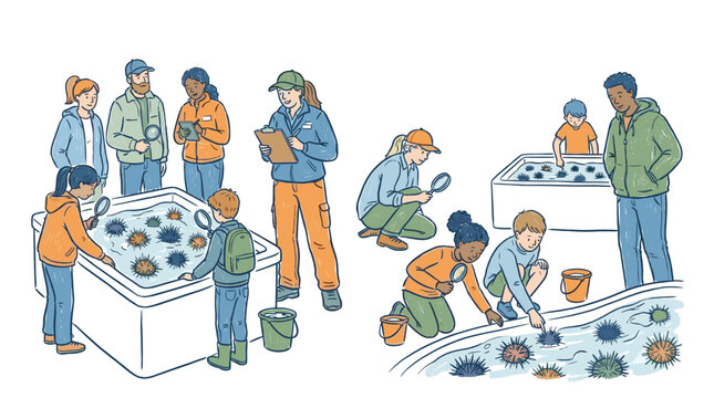 Vector illustration of children and adults exploring marine life, studying sea urchin in shallow tide pools and touch tanks with magnifying glass during an educational outdoor trip.