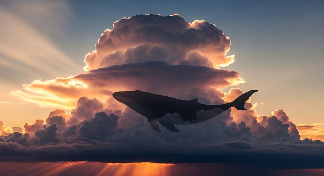 Airplane Flying Through Cloudy Sky During Sunset or Sunrise.