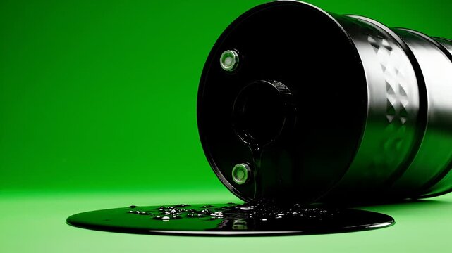 A black oil drum tipped over, spilling crude oil onto a bright green surface.
