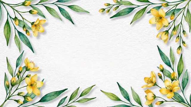 Floral yellow blossoms decorative frame with green foliage border on white background.
