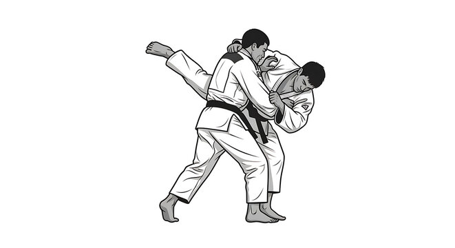 Two judokas in dynamic grappling position with one leg raised high