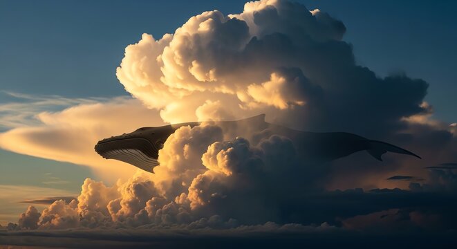 Dramatic sky with large cloud formation during sunset or sunrise.