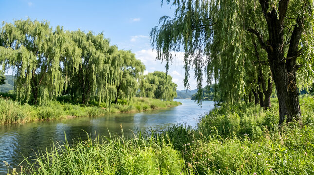 인위적 시설물이 없는 원시적 자연미를 간직한 충주 비내섬의 여름 버드나무 군락과 남한강변 풍경
