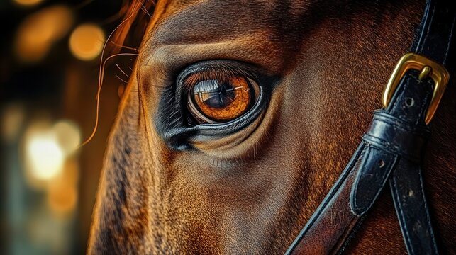 close-up of a horse's soulful amber eye with leather bridle and brass buckle reflecting warm stable lights, calm and attentive expression