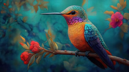 Naklejka premium vibrant hummingbird perched on a flowering branch with red blossoms against a dreamy teal background, serene and whimsical