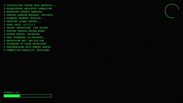 Cyber Security Green Terminal Interface with Encrypted Connection Data Protocol and Loading Progress Bar for Hacking Concept.