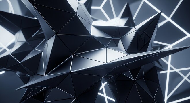 Futuristic Geometric Black Structure with Illuminated Lines.