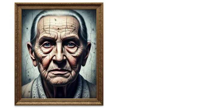 A weathered portrait print captures a likeness developing deep wrinkles and gray textures, showing the passage of time within an old frame, antique, weathered, still