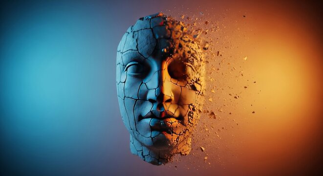 A weathered stone sculpture features a profile view where one side gradually disintegrates into fine particles, symbolizing temporal decay, breeze, scatter, transformation