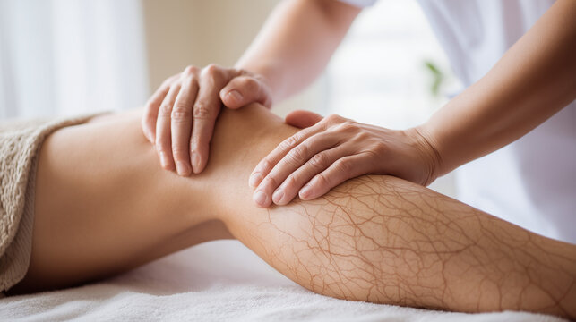 Close up of therapist massaging patient knee during physiotherapy session, representing rehabilitation, healthcare, pain relief, wellness, and physical recovery.